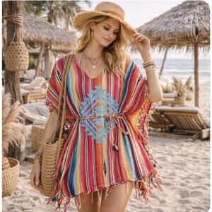 Crazy Train L/XL Boho Beachy Hippie Stripe Caftan Cover Up Poncho Tie Waist READ